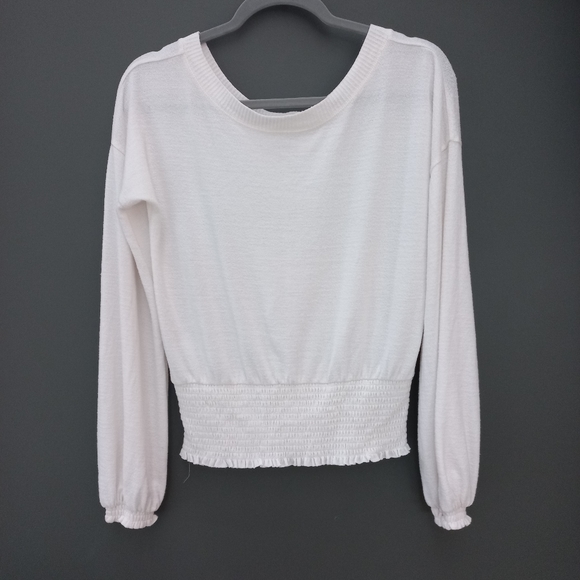 Abercrombie Smocked Top S Ivory Soft A&F Cozy Cropped Boatneck Drop Long Sleeves - Picture 2 of 5